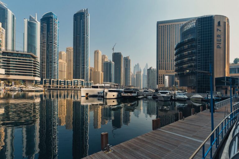 Dubai Marina waterfront skyline with high-rise towers along the promenade